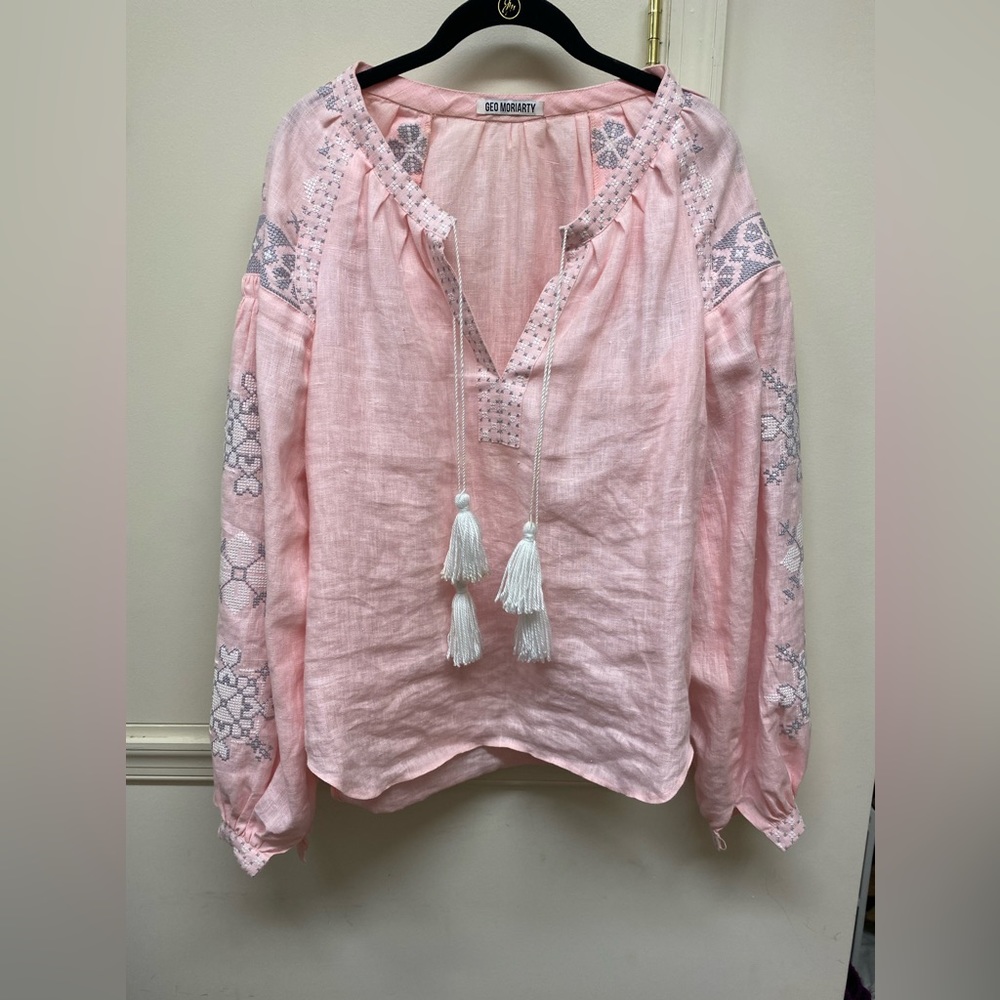 Sea New York Pink Embroidered Linen Peasant Tunic Top